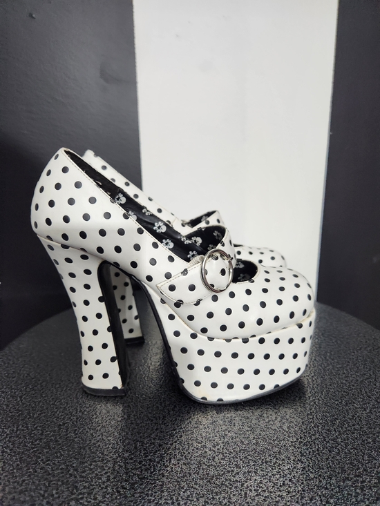 T.U.K Shoes - Women's Polka Dot Platform Mary Jane Heels in White and Black